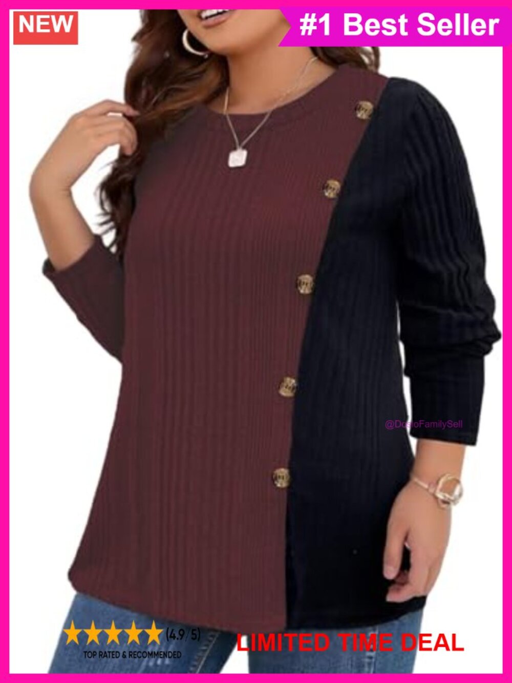 Plus Size Long Sleeve Tunic Sweater Button Slit Hem Color Block
